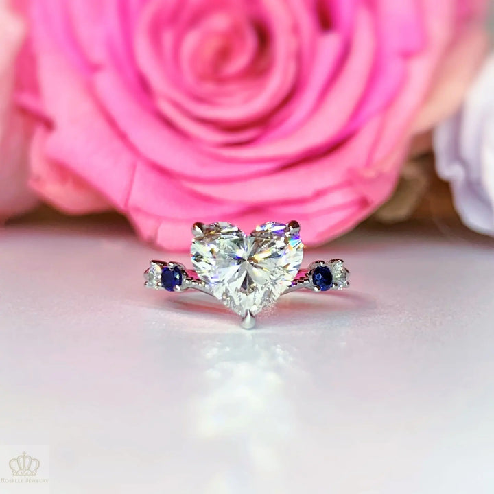 Custom Order Diamond With Sapphire Side Stone Engagement Ring [Setting Only] - EC301 With 1.0 Carat Heart Shape Lab Diamond Roselle Jewelry