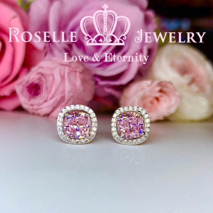 Detachable Cushion Cut Halo Stud Earrings - RR9 - Roselle Jewelry